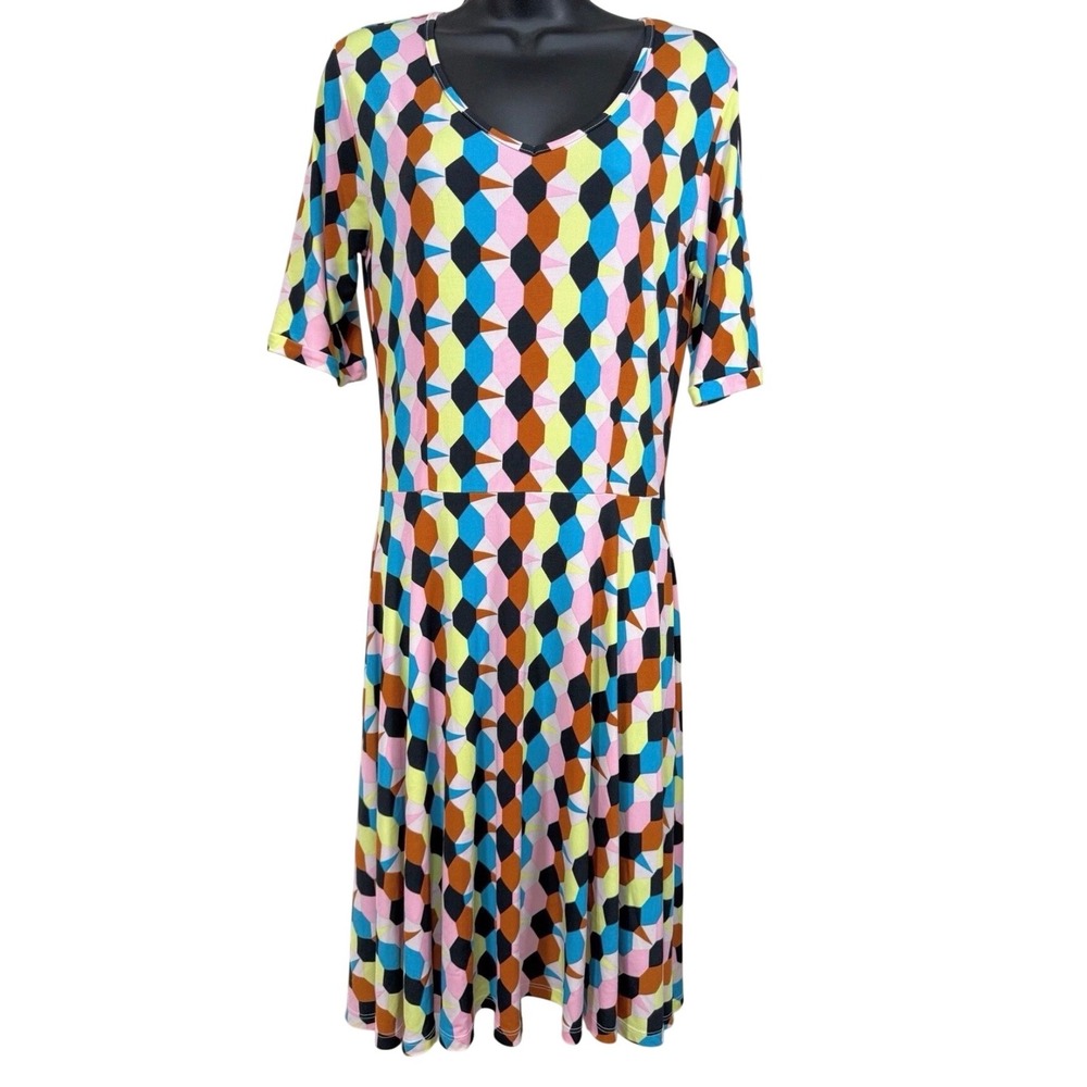 Melissa Masse Midi Dress XS Geometric Honeycomb Print Fit & Flare Multicolor
